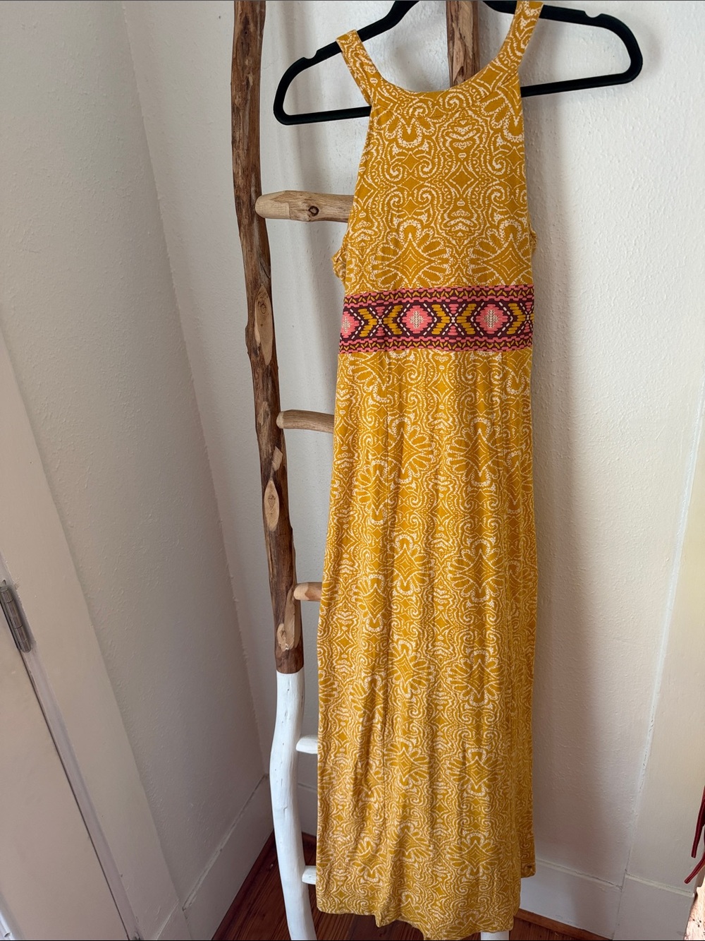 Prana Mustard Yellow Printed Boho Stretch Knit Halter Maxi Dress Built in Bra S